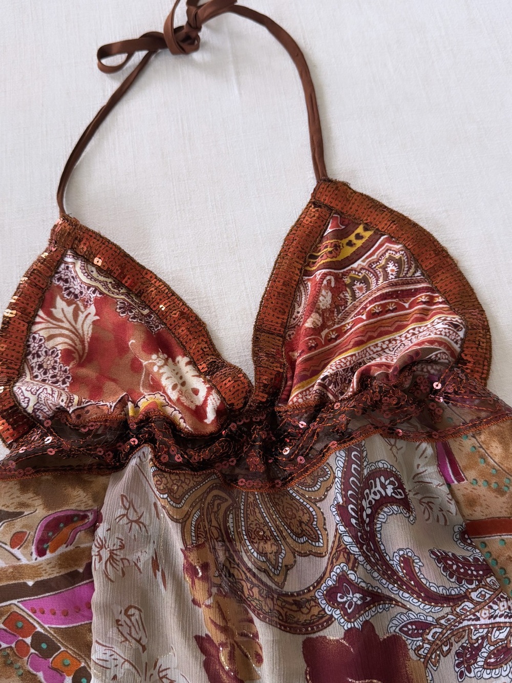 Y2K Milenium Brown Paisley Sequin
Handkerchief Top - Picture 4 of 4